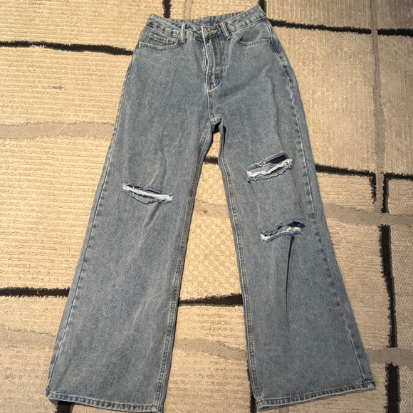 SHEIN Denim - SHEIN Light Blue Distressed Wide-Leg Jeans